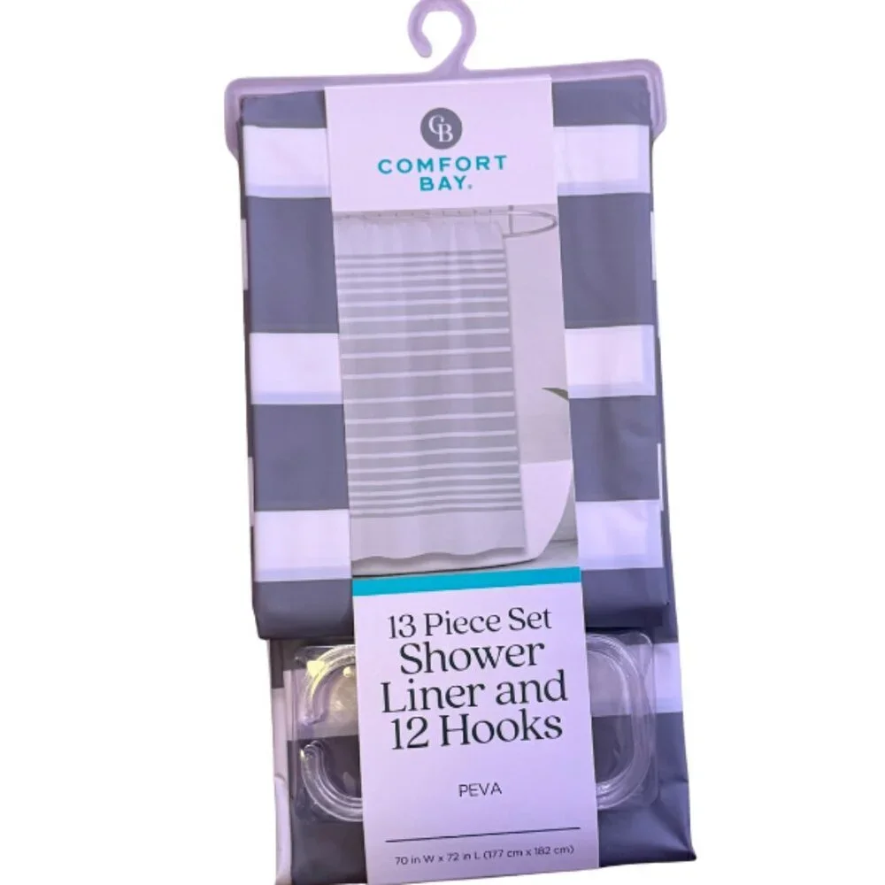 Comfort Bay 13-Piece Shower Liner Set – Gray & Clear Horizontal Stripe w 12 hook